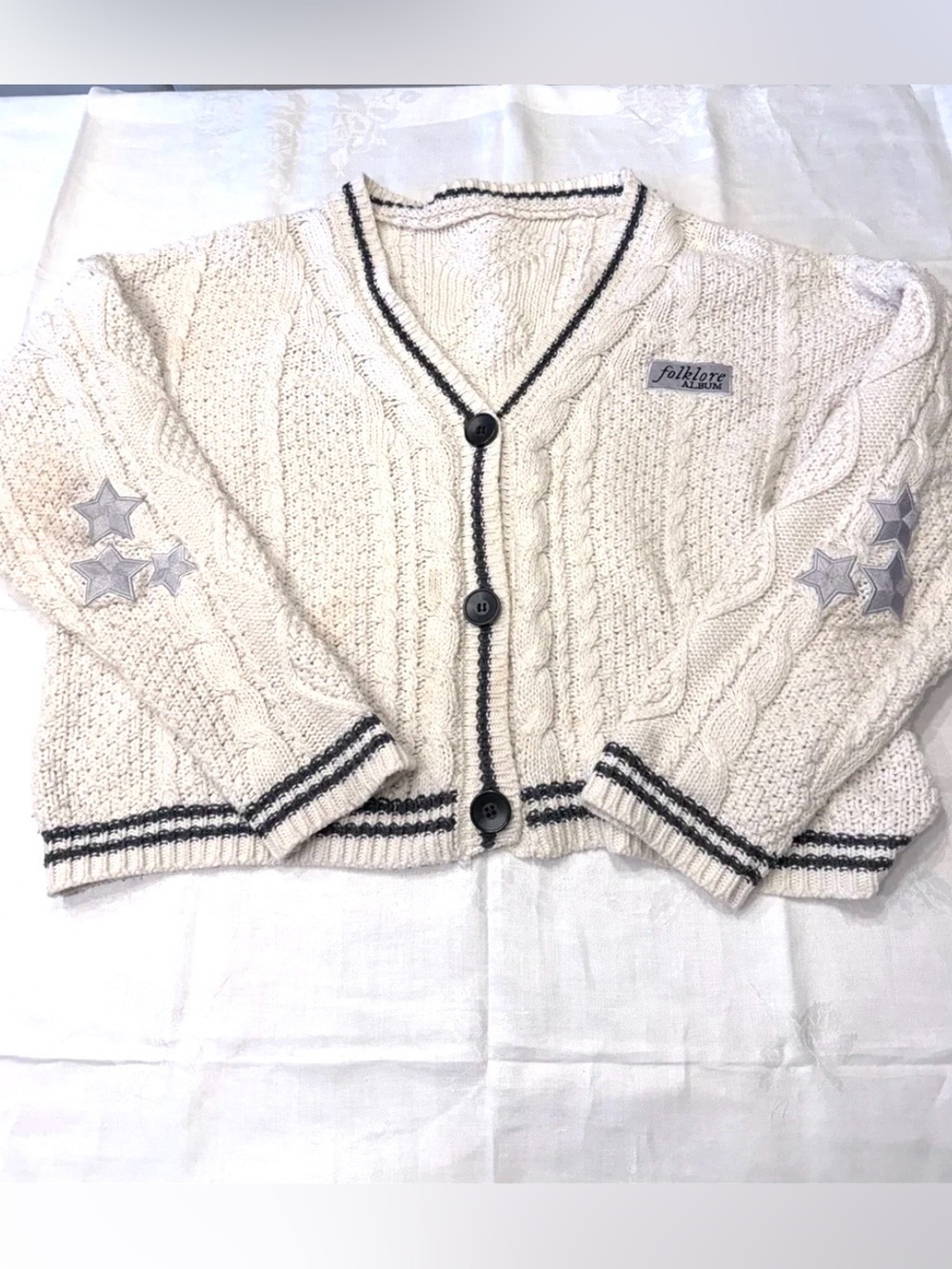 Folklore Album Cardigan TAYLOR SWIFT Cream Cable Knit Silver Stars Slouchy Md/Lg